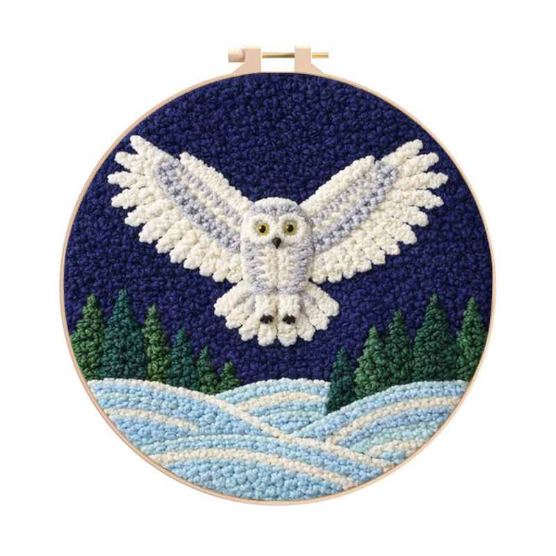 Snowy Night Owl Punch Needle Kit - Magical Handcraft Creation Whimsical | Home Styling Piece - 8 inch Hoop Kit - image 1