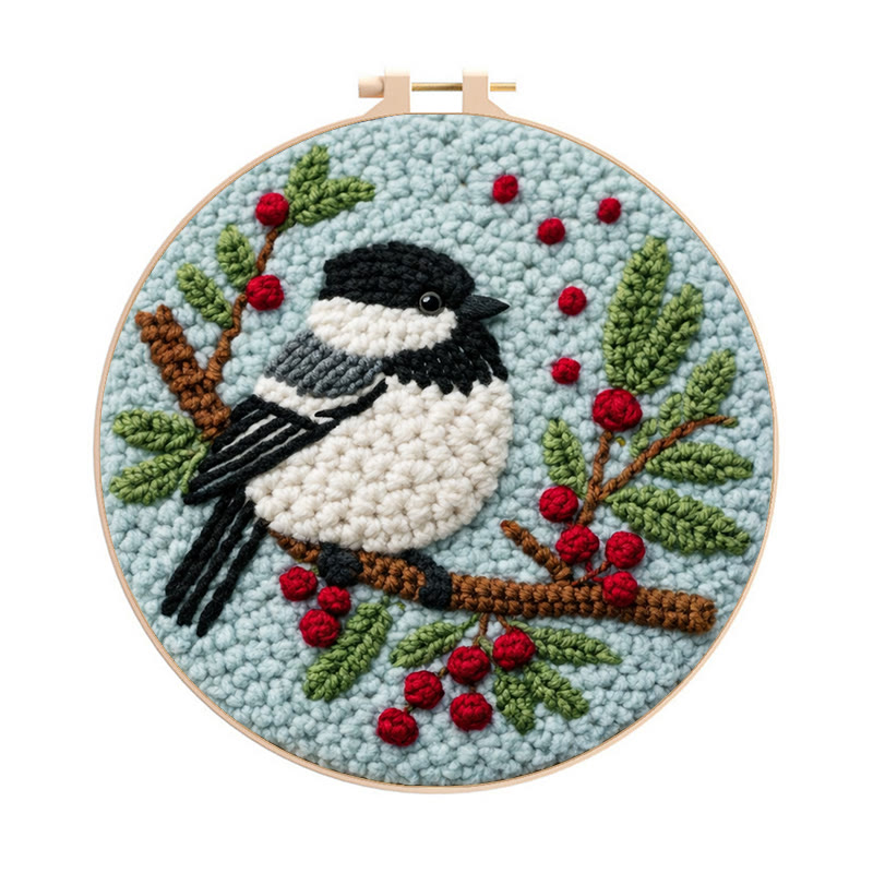 Winter Berry Chickadee Punch Needle Kit - Thoughtful Gift For Her | Adorable Home Decor Piece - 8 inch Hoop Kit - image 1