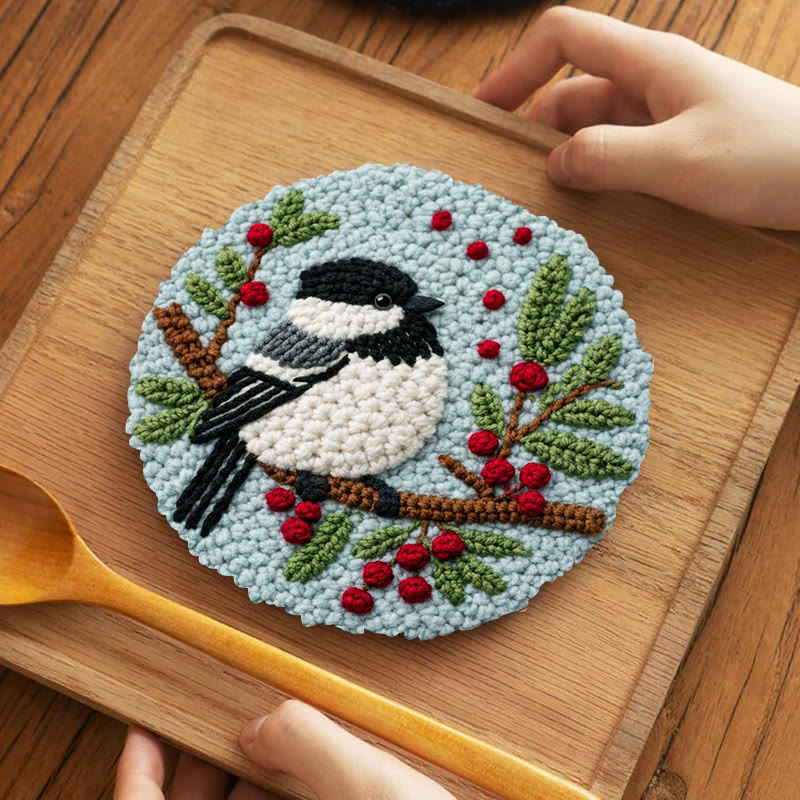 Winter Berry Chickadee Punch Needle Kit - Thoughtful Gift For Her | Adorable Home Decor Piece - 5 inch Coaster Kit - image 4