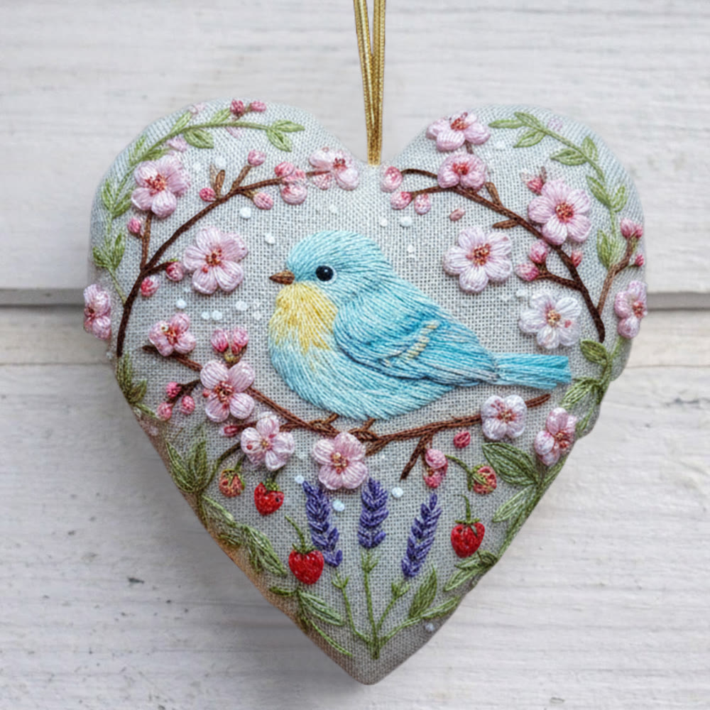 Rubbyoo Heart Embroidery Kit - Cherry Blossom Blue Bird | Novice Friendly Diy | Perfect Anniversary Gift - 6 inches hoop kit - image 1