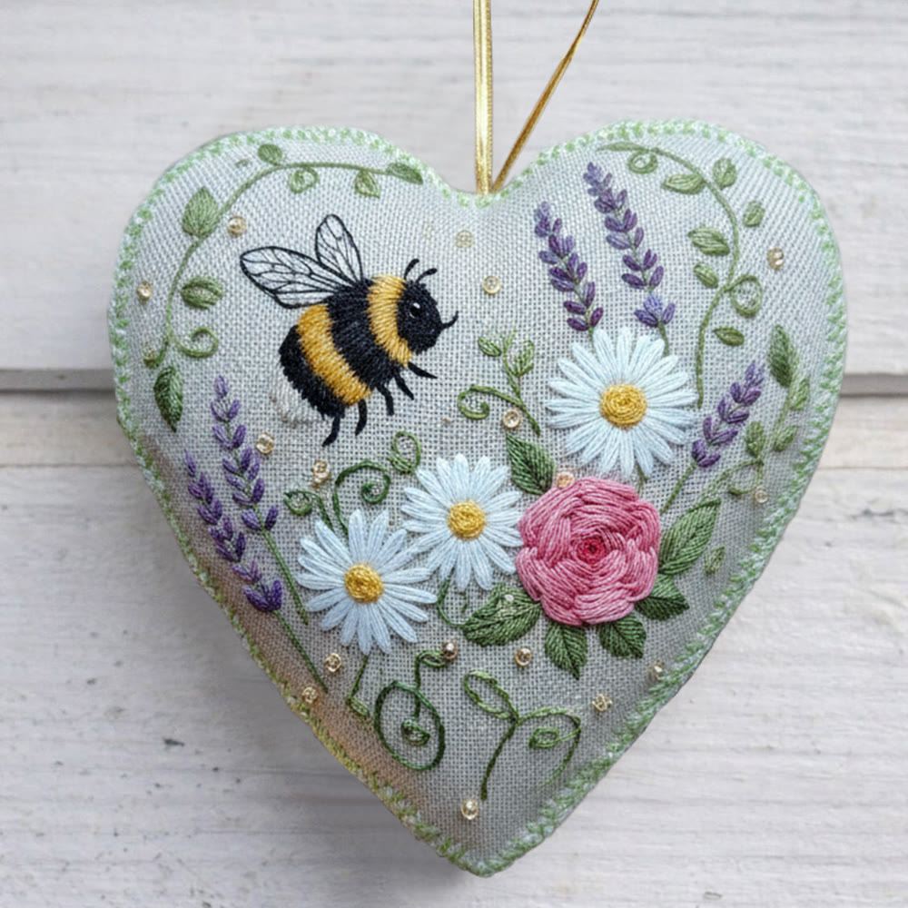 Rubbyoo Heart Embroidery Kit - Bee And Wildflower | Beginner Friendly Craft | Charming Home Accent - 6 inches hoop kit - image 1