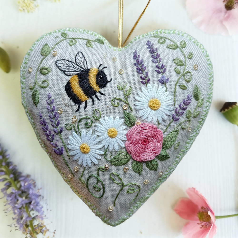 Rubbyoo Heart Embroidery Kit - Bee And Wildflower | Beginner Friendly Craft | Charming Home Accent - image 2