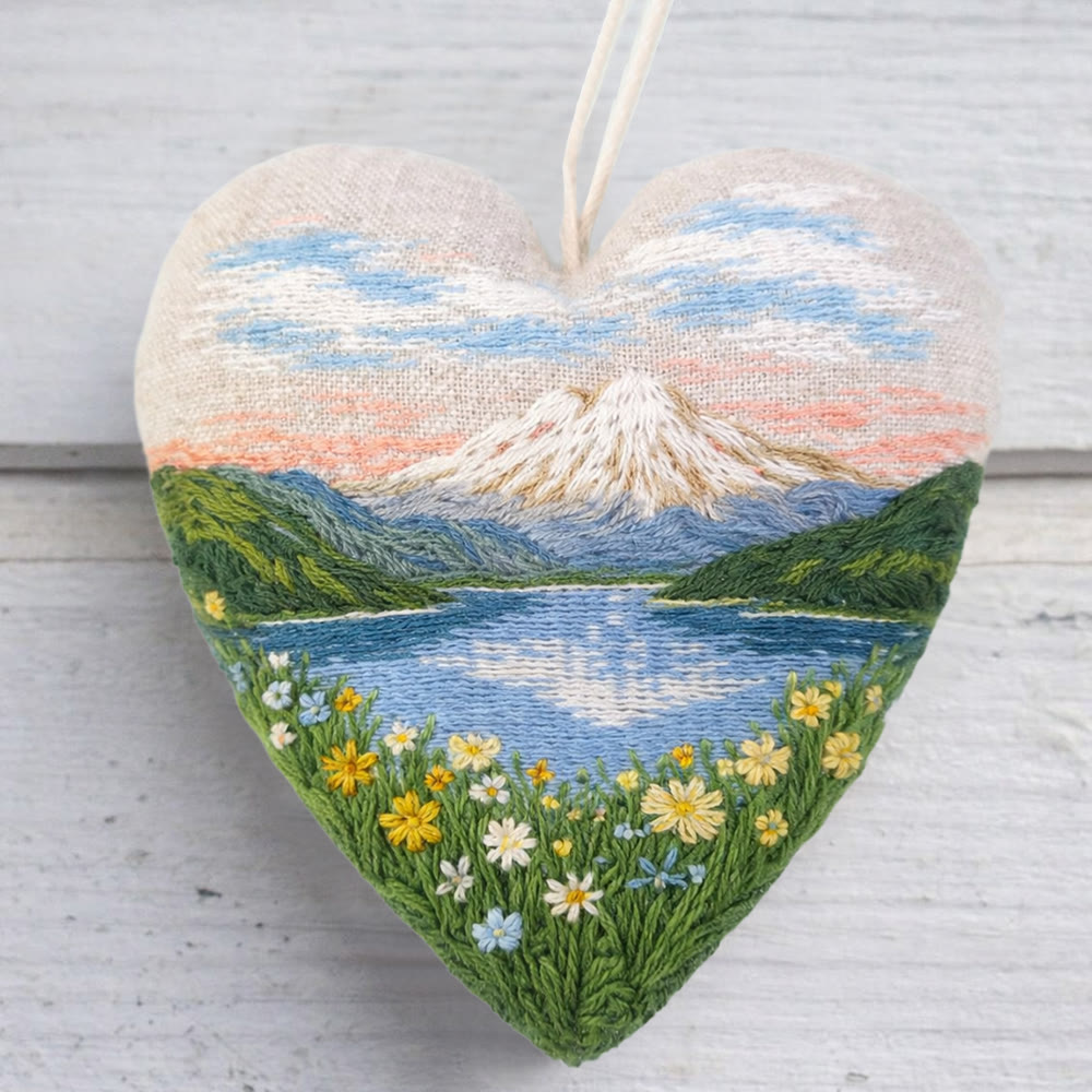Rubbyoo Heart Embroidery Kit - Mountain Lake Landscape | Exquisite Handmade Decor | Thoughtful Gift Option - 6 inches hoop kit - image 1