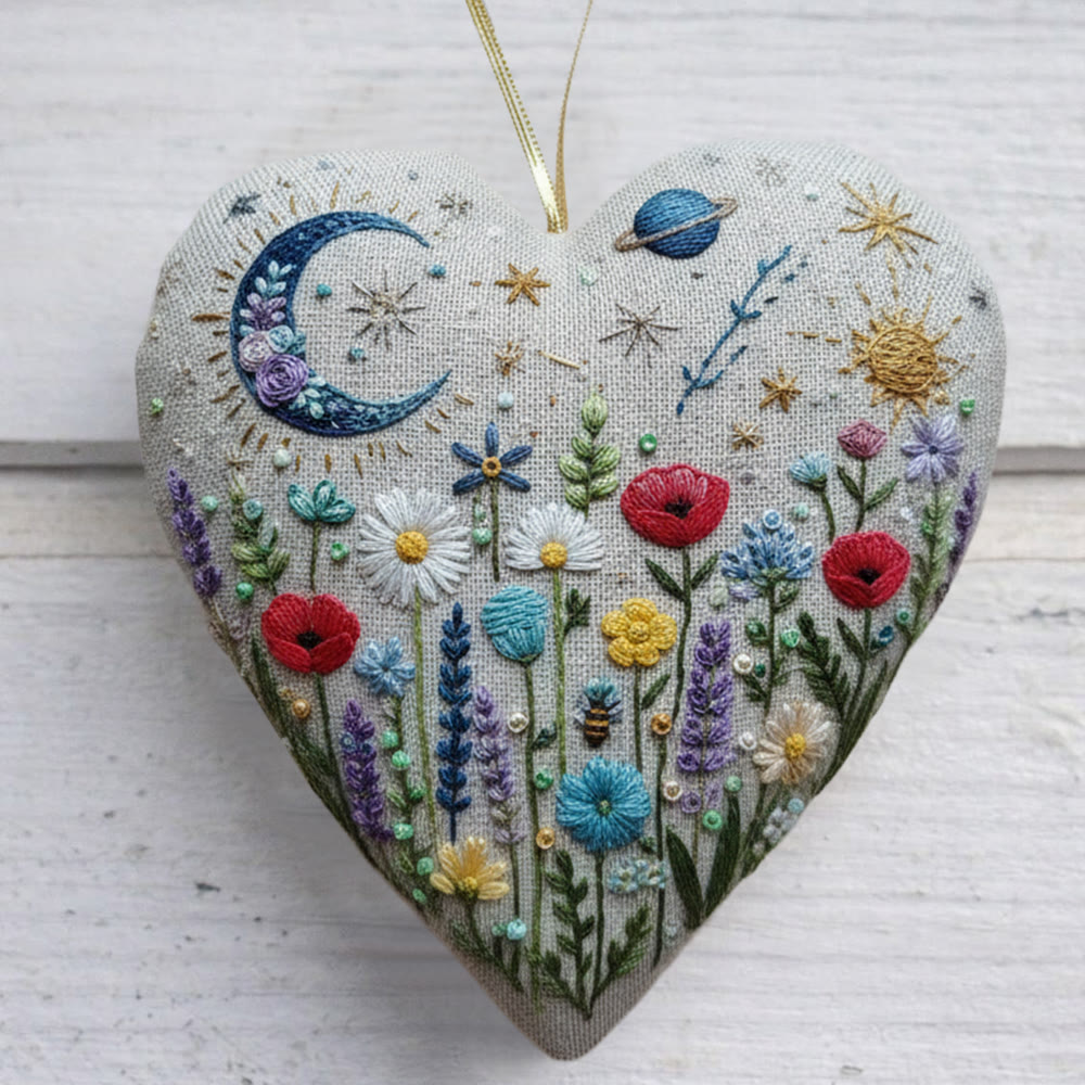 Rubbyoo Heart Embroidery Kit - Celestial Wildflower  | Playful DIY Craft | Cozy Living Ornament - 6 inches hoop kit - image 1