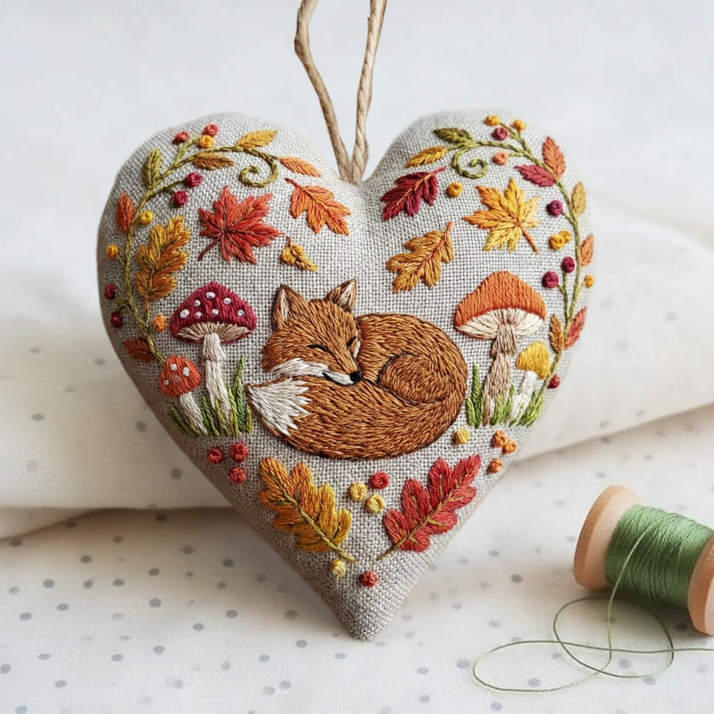 Rubbyoo Heart Embroidery Kit - Autumn Leaf Fox | Warm Handcraft | Retro Ambience Hanging Decor - image 2