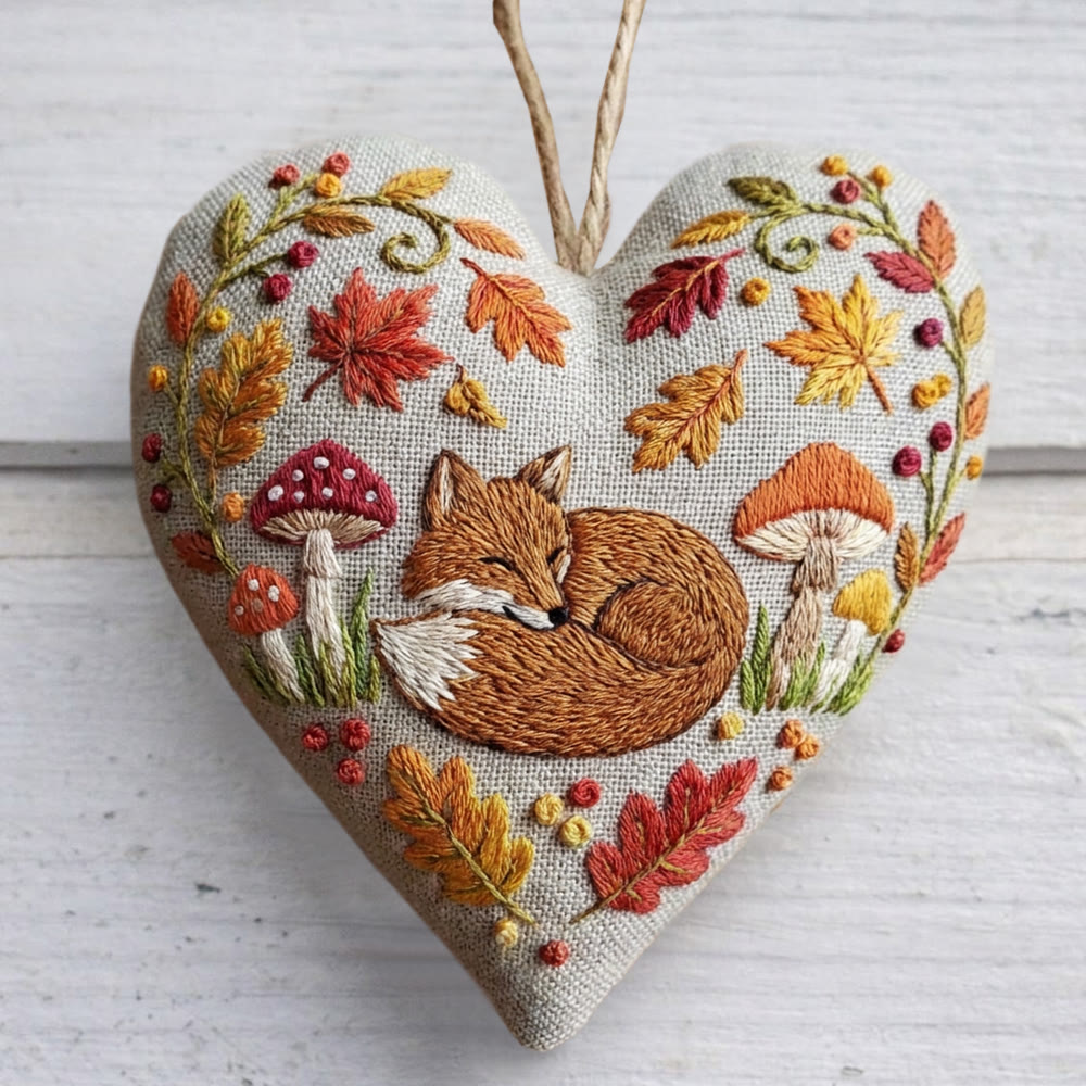 Rubbyoo Heart Embroidery Kit - Autumn Leaf Fox | Warm Handcraft | Retro Ambience Hanging Decor - 6 inches hoop kit - image 1