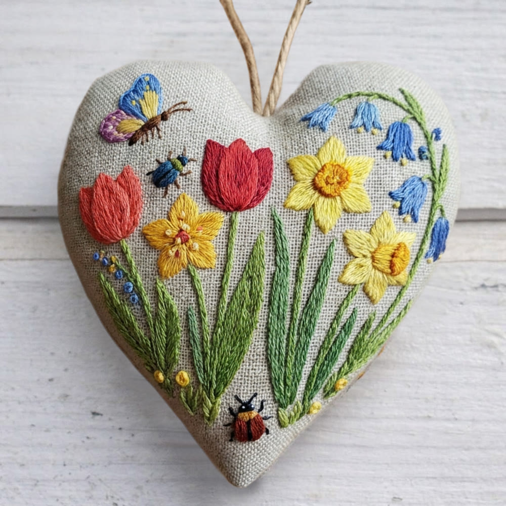 Rubbyoo Heart Embroidery Kit - Spring Tulip Daffodil | Bright Craft Project | Fresh Home Soft Furnish Accent - 6 inches hoop kit - image 1