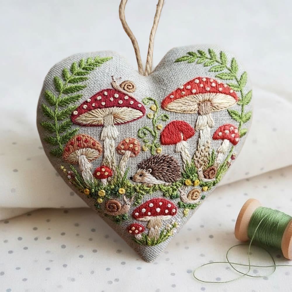 Rubbyoo Heart Embroidery Kit - Woodland Mushroom Hedgehog | Entry Level Diy | Cozy Ambience Home Hanging - image 2