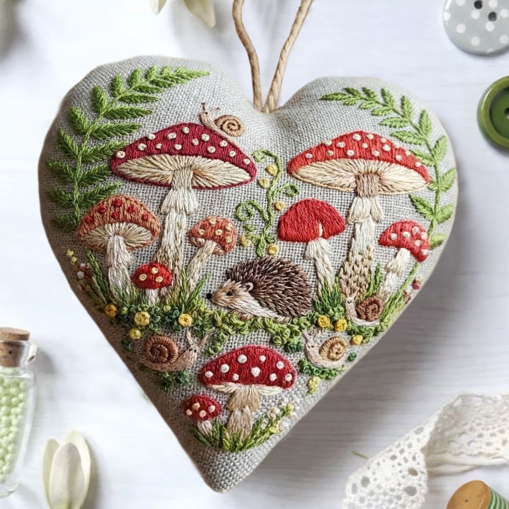 Rubbyoo Heart Embroidery Kit - Woodland Mushroom Hedgehog | Entry Level Diy | Cozy Ambience Home Hanging - image 3