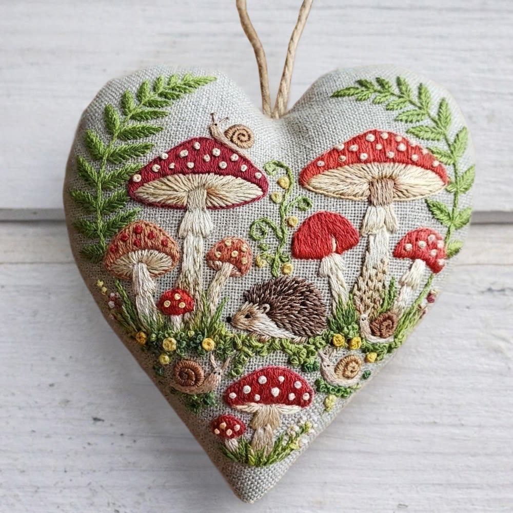 Rubbyoo Heart Embroidery Kit - Woodland Mushroom Hedgehog | Entry Level Diy | Cozy Ambience Home Hanging - 6 inches hoop kit - image 1