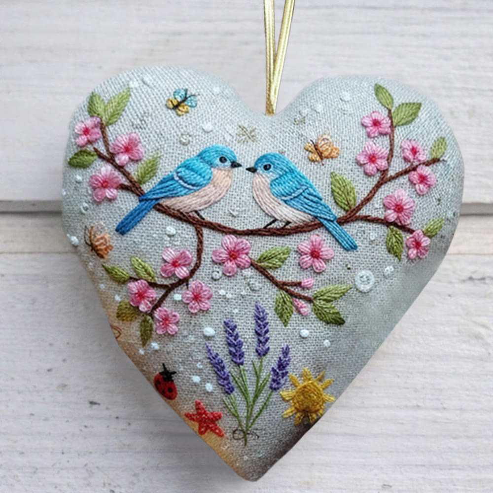 Rubbyoo Heart Embroidery Kit - Cherry Blossom Pair Birds | Romantic Handcraft | Perfect Date Gift Option - 6 inches hoop kit - image 1