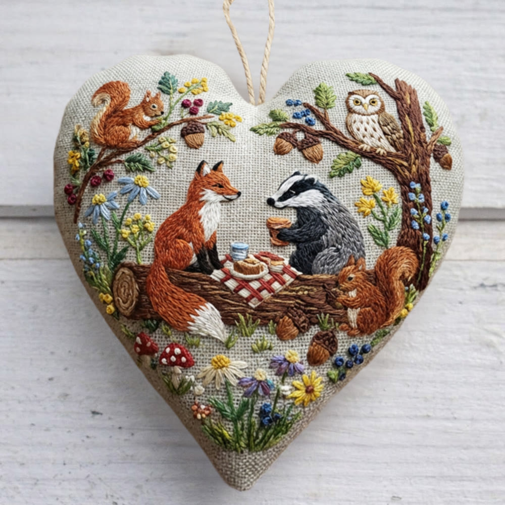 Rubbyoo Heart Embroidery Kit - Forest Picnic Animal | Playful Craft Project | Ideal Gathering Present - 6 inches hoop kit - image 1