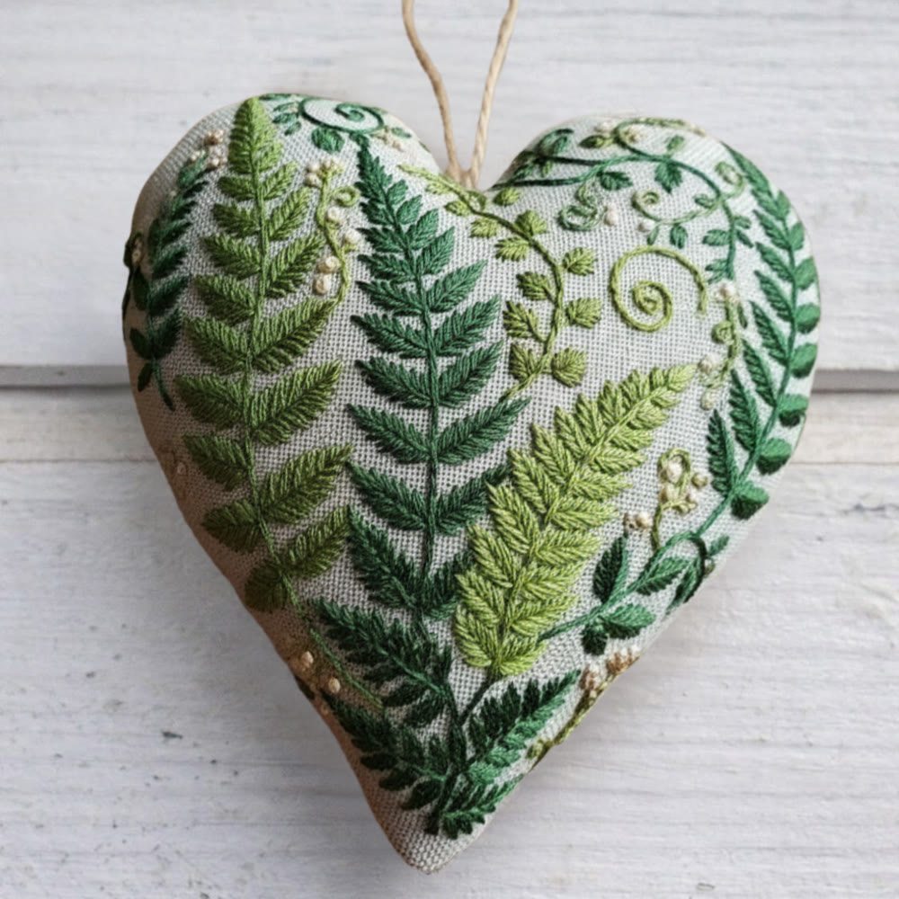 Rubbyoo Heart Embroidery Kit - Fern Leaf Greenery | Minimalist Diy | Natural Style Home Accent - 6 inches hoop kit - image 1