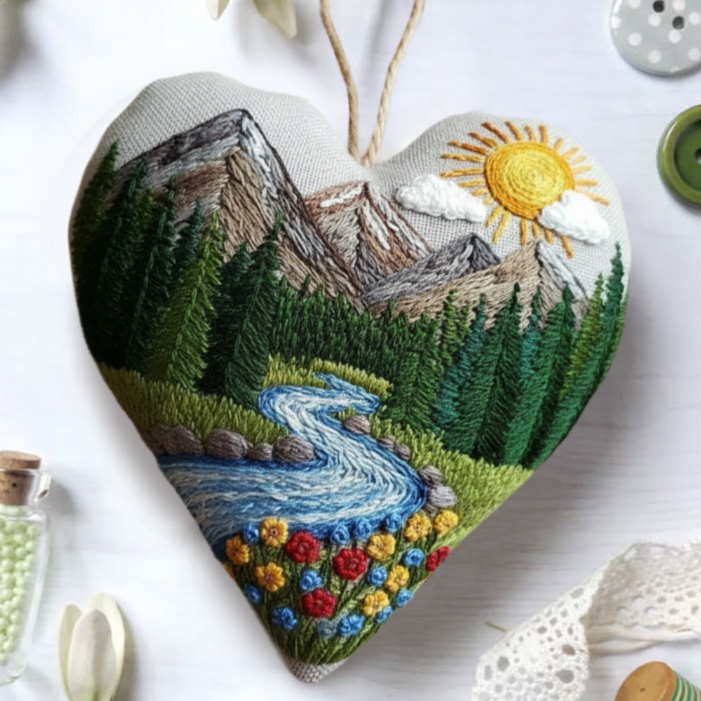Rubbyoo Heart Embroidery Kit - Mountain River Sunrise | Soothing Craft | Nature Inspired Home Ornament - image 3