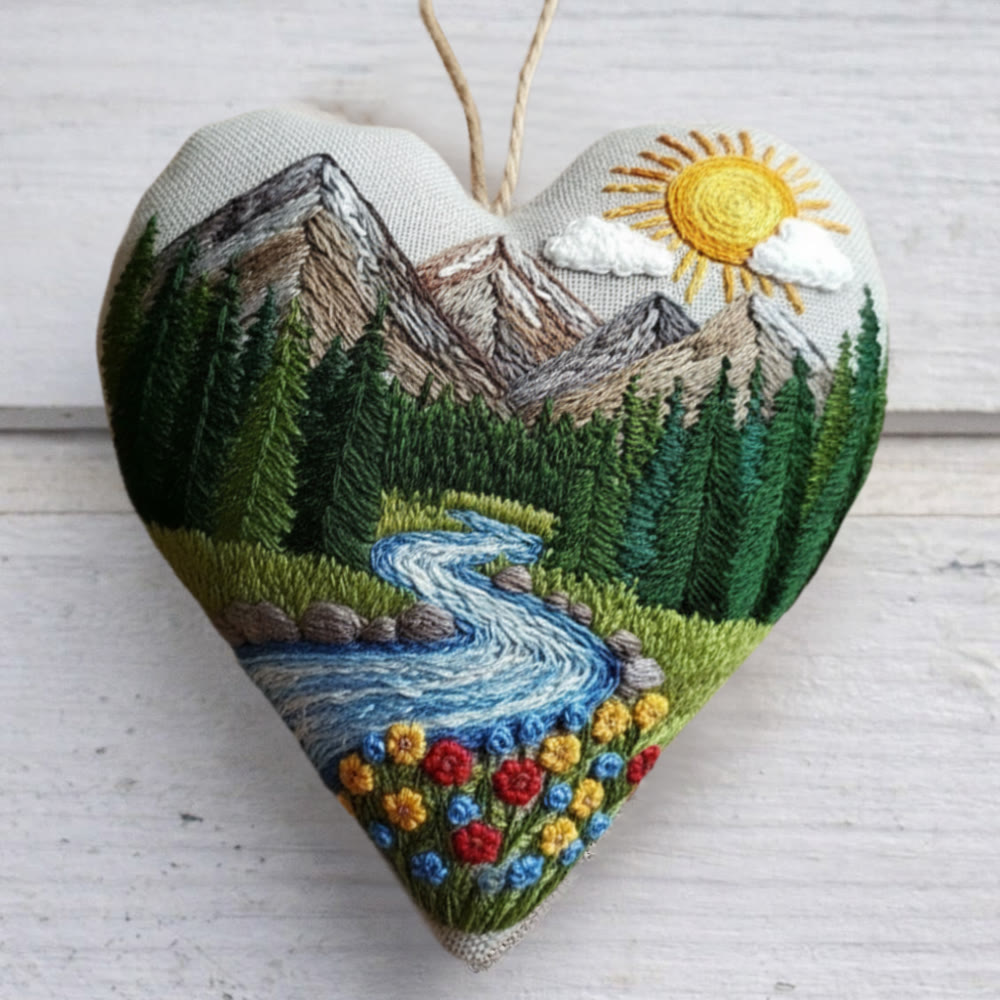 Rubbyoo Heart Embroidery Kit - Mountain River Sunrise | Soothing Craft | Nature Inspired Home Ornament - 6 inches hoop kit - image 1