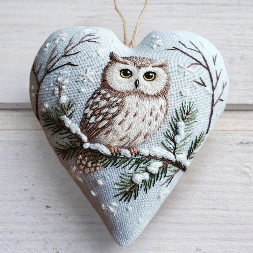 Rubbyoo Heart Embroidery Kit - Snowy Owl Pine Branch | Easy DIY Starter Kit | Festive Winter Home Piece - 6 inches hoop kit - image 1
