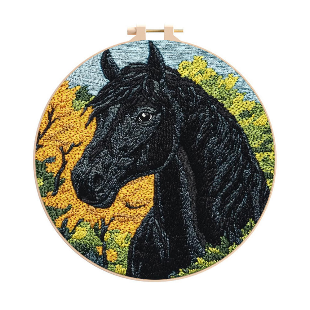 Black Horse Punch Needle Kit - Diy Animal Handmade Crfat | Perfect Home Ornament  - 8 inch Hoop Kit - image 1