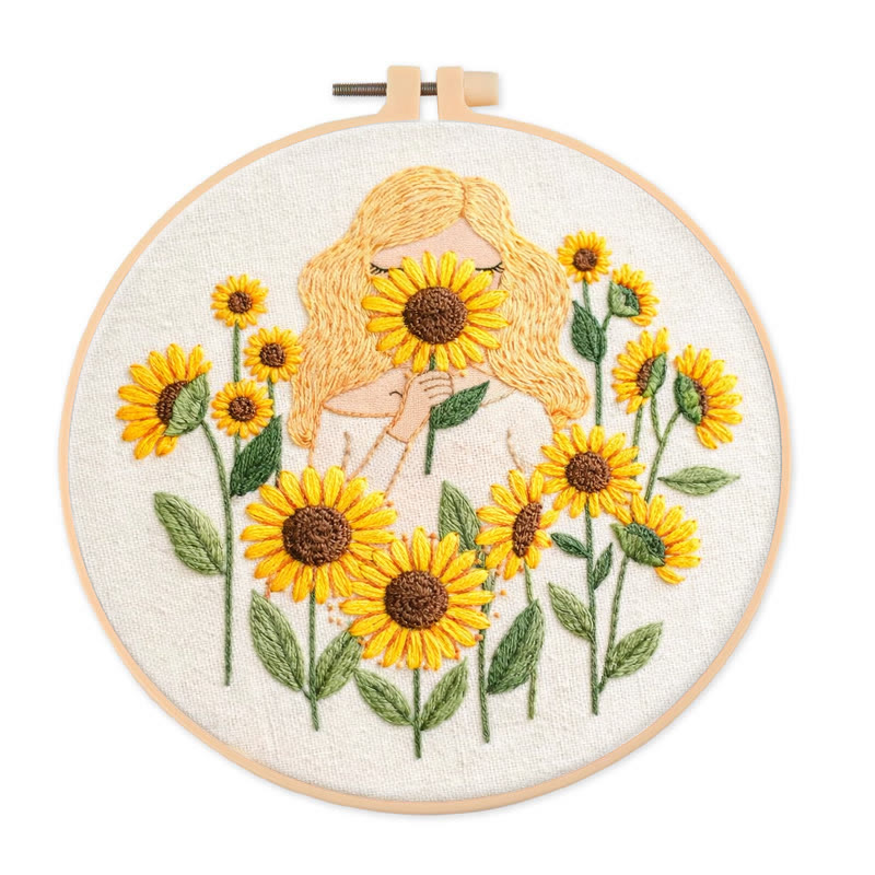 Rubbyoo Embroidery Kit - Sunflower Girl | Positive Handmade Craft | Unique Desk Decor - 20*20cm - image 1