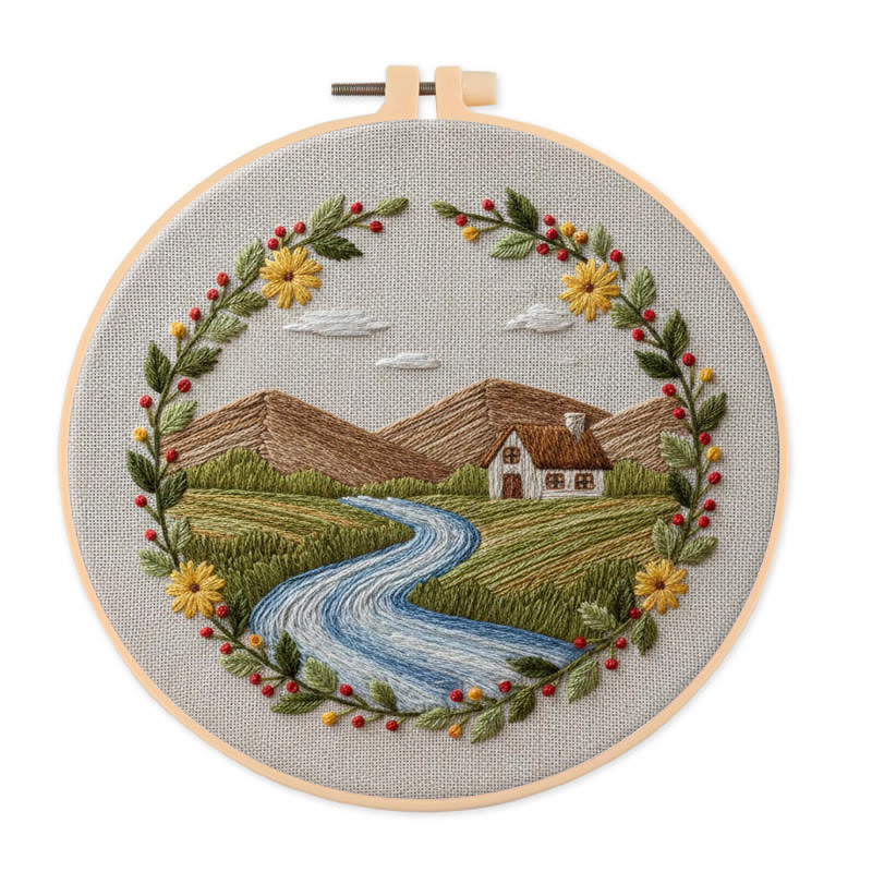 Rubbyoo Embroidery Kit - Village View | Diy Landscape Art | Landscape For Starter - 20*20cm - image 1