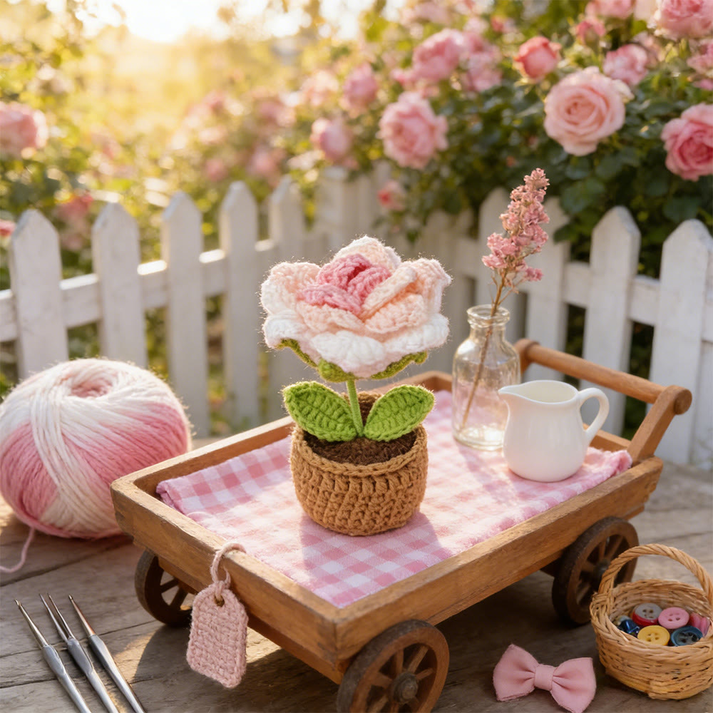 Flower Pot Crochet - Office Table Decor | Nice Birthday Gift - Rose-Pink-A - image 6