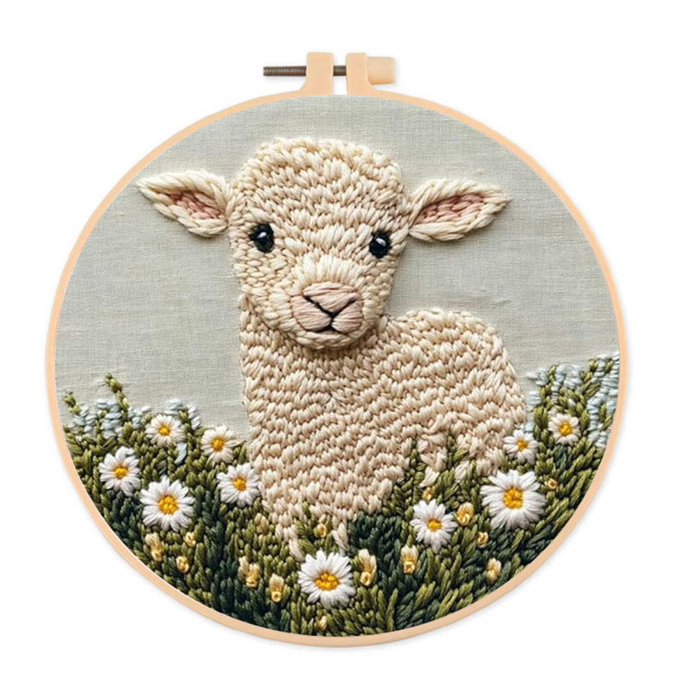 Little Lamb Punch Needle Kit - Daisies Pattern Craft | Perfect For Beginners - 8 inch Hoop Kit - image 1