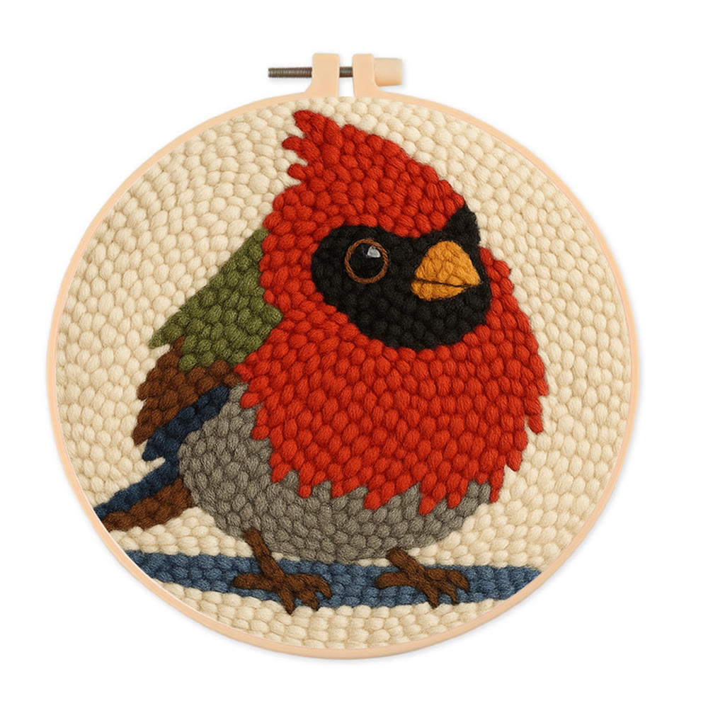 Cute Cardinal Bird Punch Needle Kit - Diy Starter Craft | Christmas Decorative Gift   - 8 inch Hoop Kit - image 1