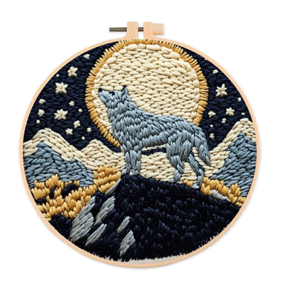 Wolf And Moon Punch Needle Kit - Unique Needle Artwork | Perfect Wall Hanging - 8 inch Hoop Kit - image 1