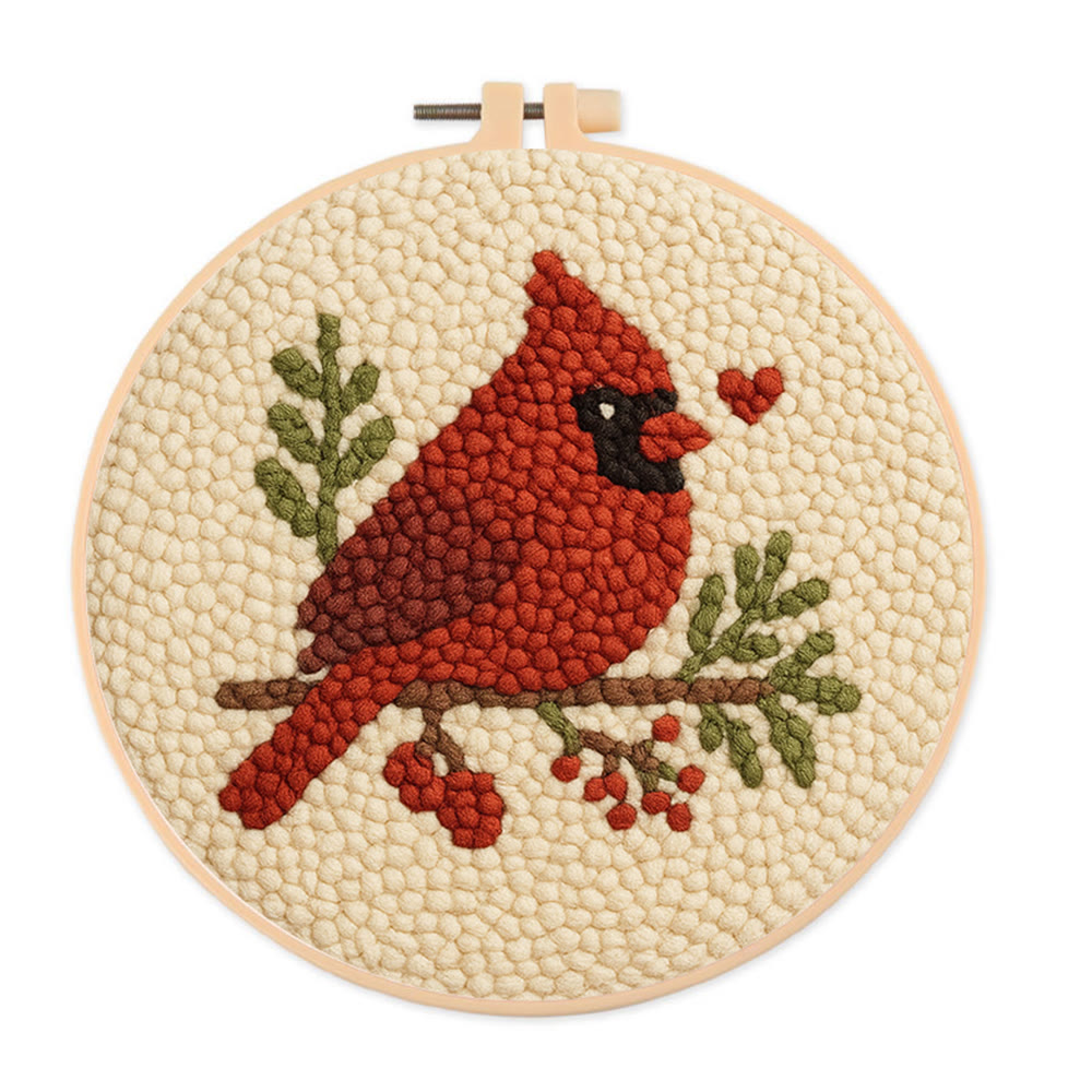  Red Bird Punch Needle Kit - Easy For Beginner | Perfect Christmas Gift Idea - 8 inch Hoop Kit - image 1