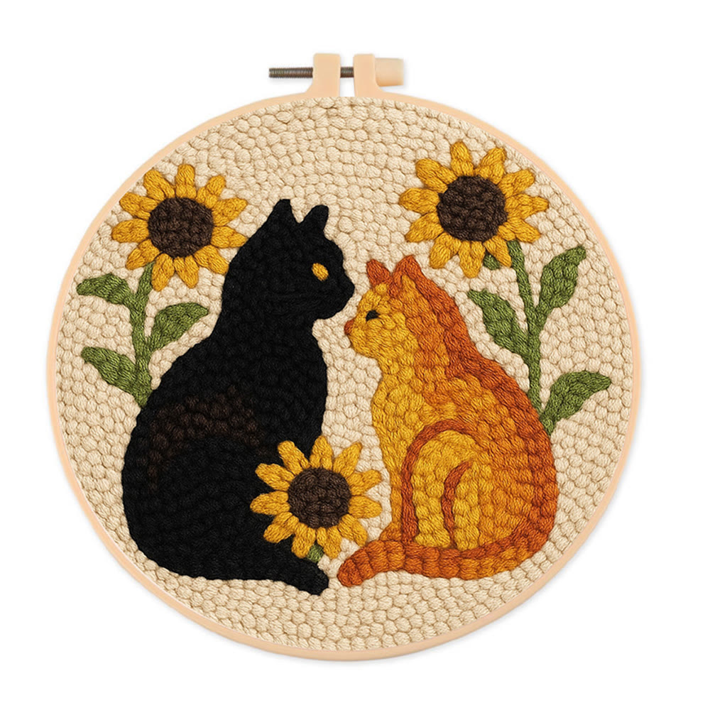 Sunflower Cats Punch Needle Kit - Lovely Animal Yarn Craft  | Diy Room Decor  - 8 inch Hoop Kit - image 1