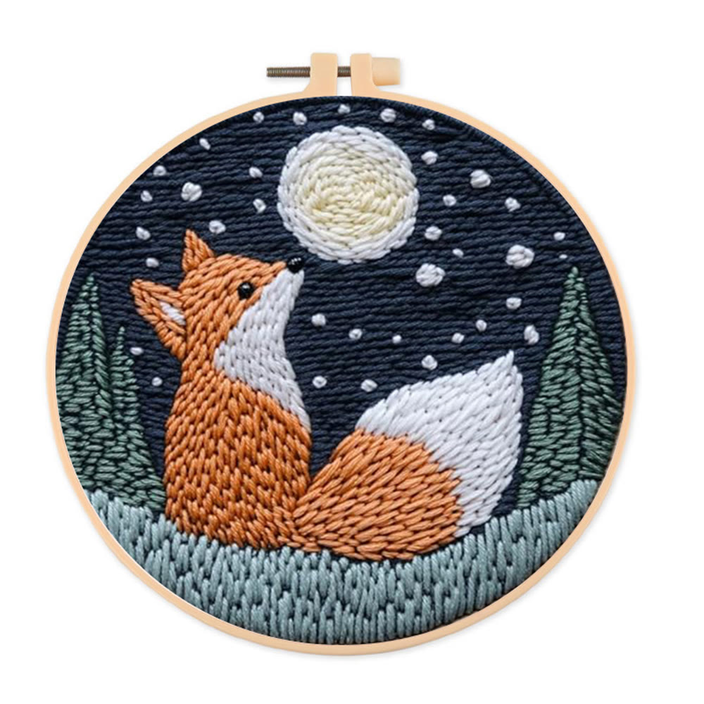Fox In Night Punch Needle Kit - Diy Animal Handicraft | Nice Craft For Home Ornament  - 8 inch Hoop Kit - image 1