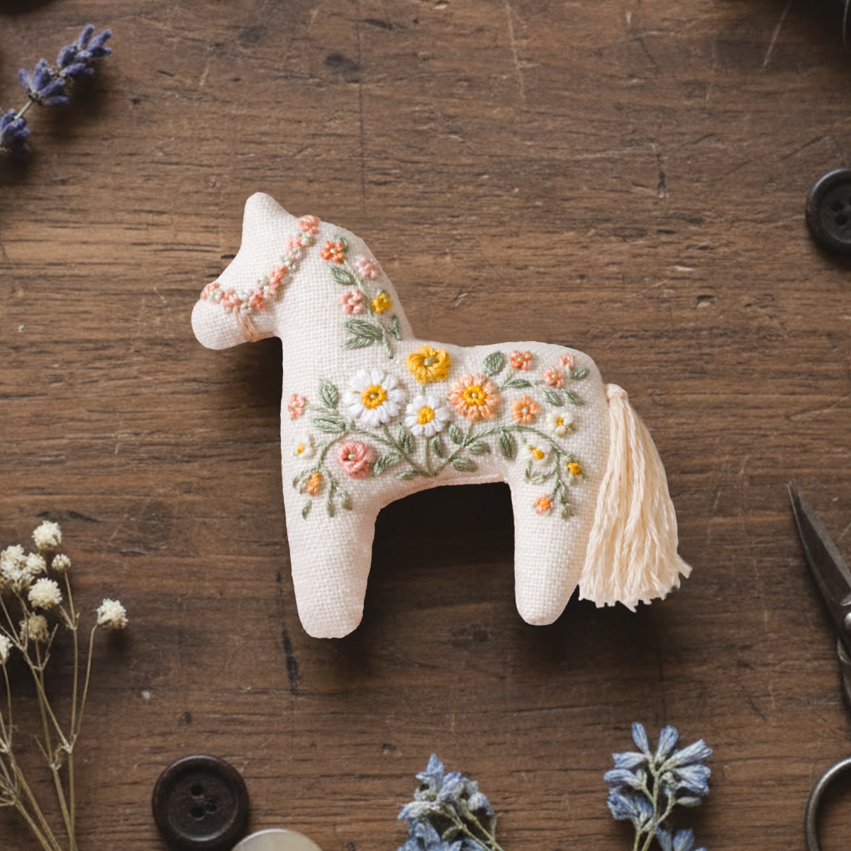 Rubbyoo Horse Embroidery Kit - Floral Patten | New Year Car Pendant | Diy Gift For Her - 6 inches hoop kit - image 1