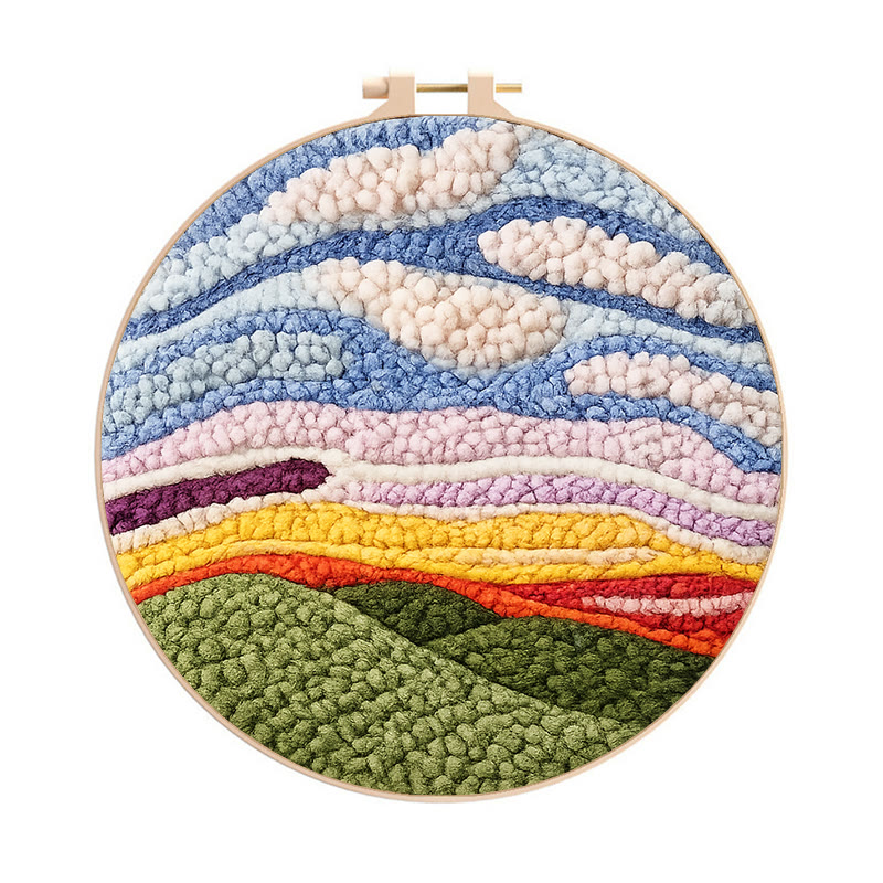 Sunset Mountain Landscape Punch Needle Kit - Relaxing Craft Project | Cozy Home Touch - 8 inch Hoop Kit - image 1