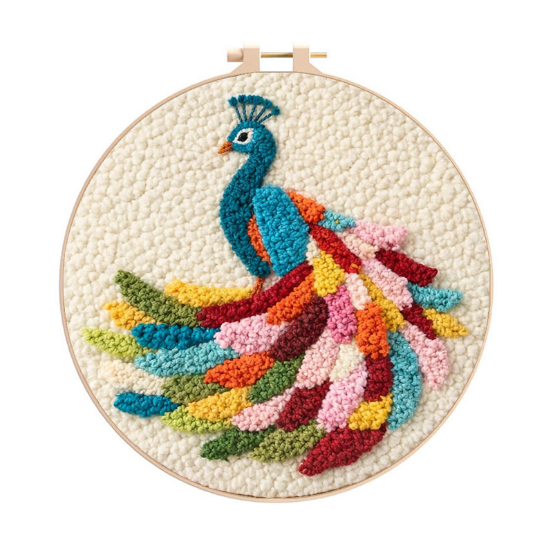 Colorful Peacock Punch Needle Kit - Playful Handcraft | Top Gifting Choice - 8 inch Hoop Kit - image 1