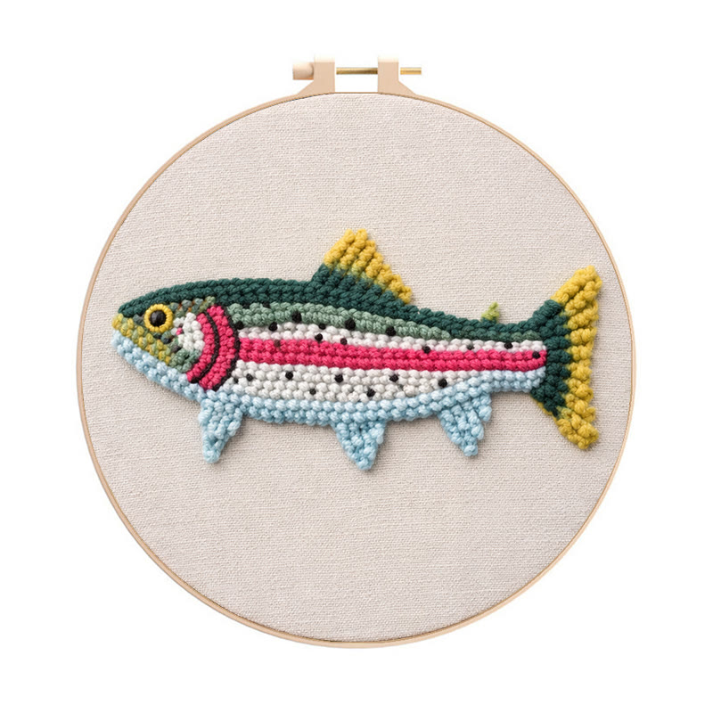 Rainbow Trout Punch Needle Kit - Hassle-free Craft | Thoughtful Gift Pick - 8 inch Hoop Kit - image 1