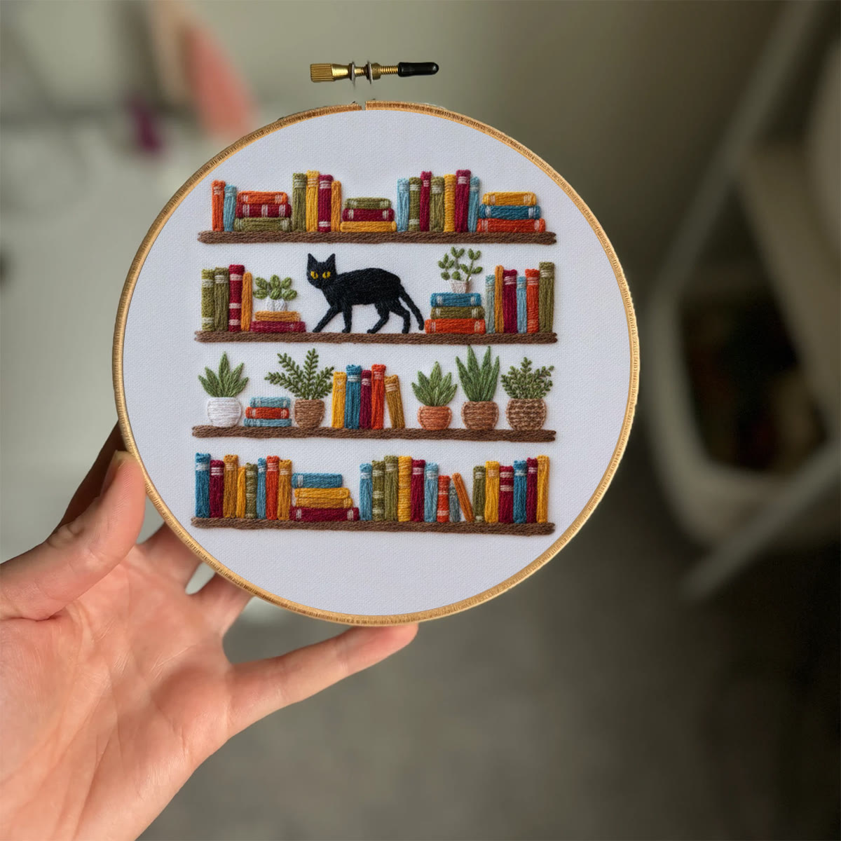 Rubbyoo Embroidery Kit - Bookshelf And Black Cat | Hassle-free Diy | Literary Home Statement - image 2
