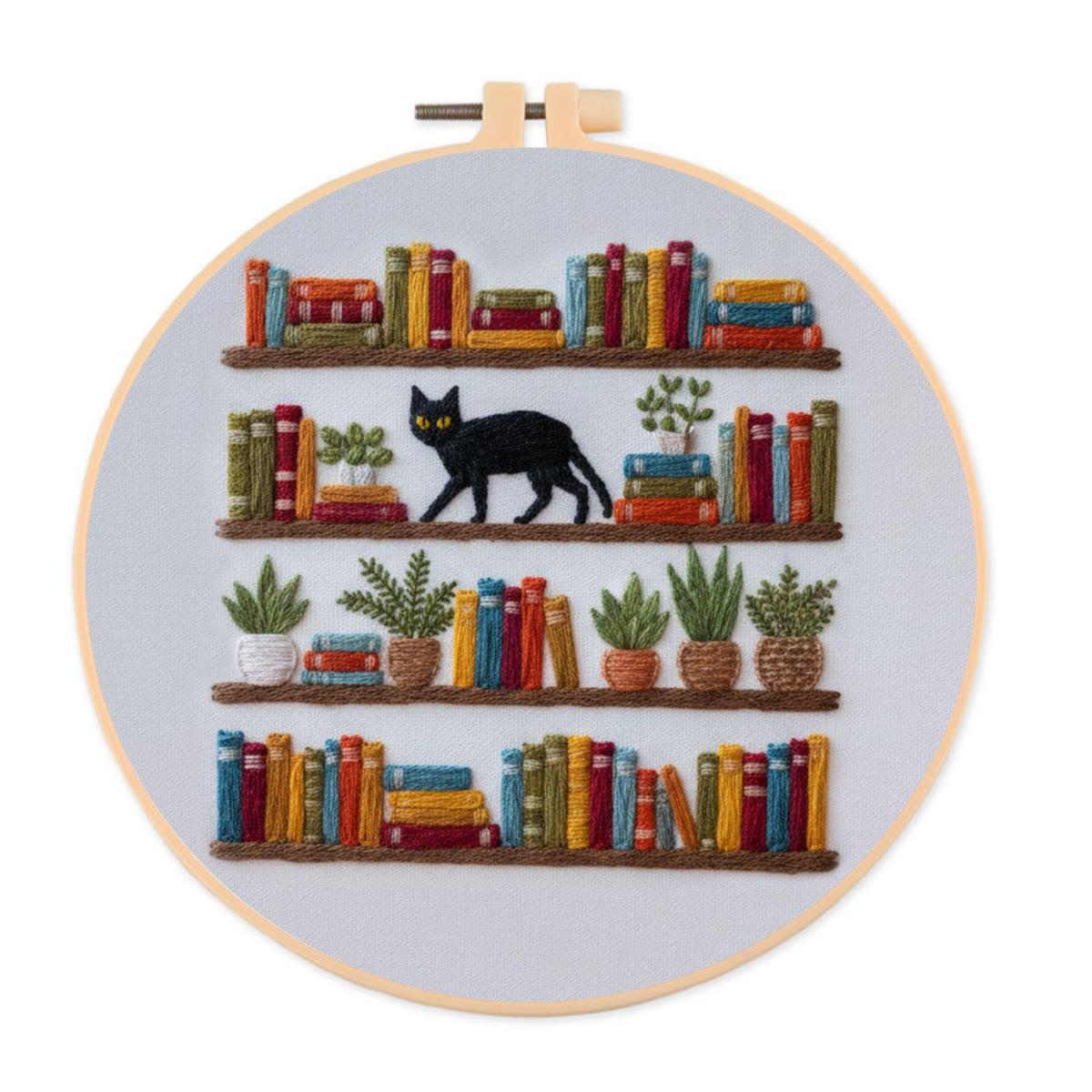 Rubbyoo Embroidery Kit - Bookshelf And Black Cat | Hassle-free Diy | Literary Home Statement - 20*20cm - image 1