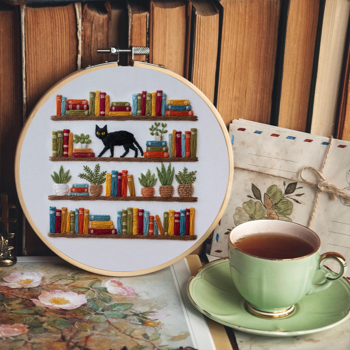 Rubbyoo Embroidery Kit - Bookshelf And Black Cat | Hassle-free Diy | Literary Home Statement - image 6