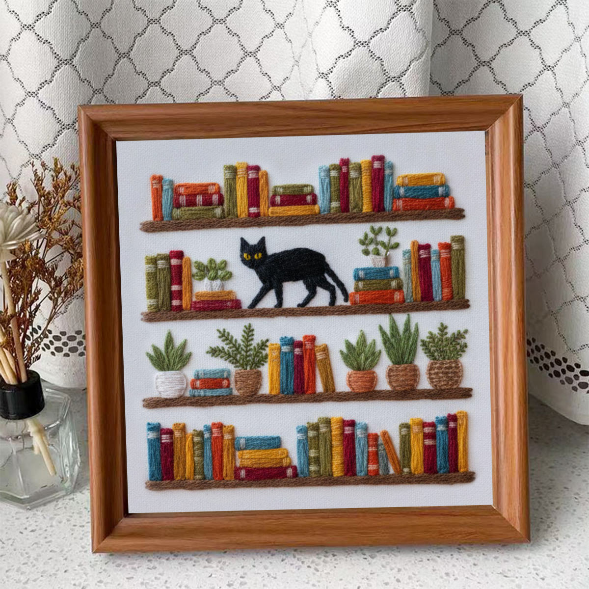 Rubbyoo Embroidery Kit - Bookshelf And Black Cat | Hassle-free Diy | Literary Home Statement - Embroidery Kit Plus An Extra Frame - image 4