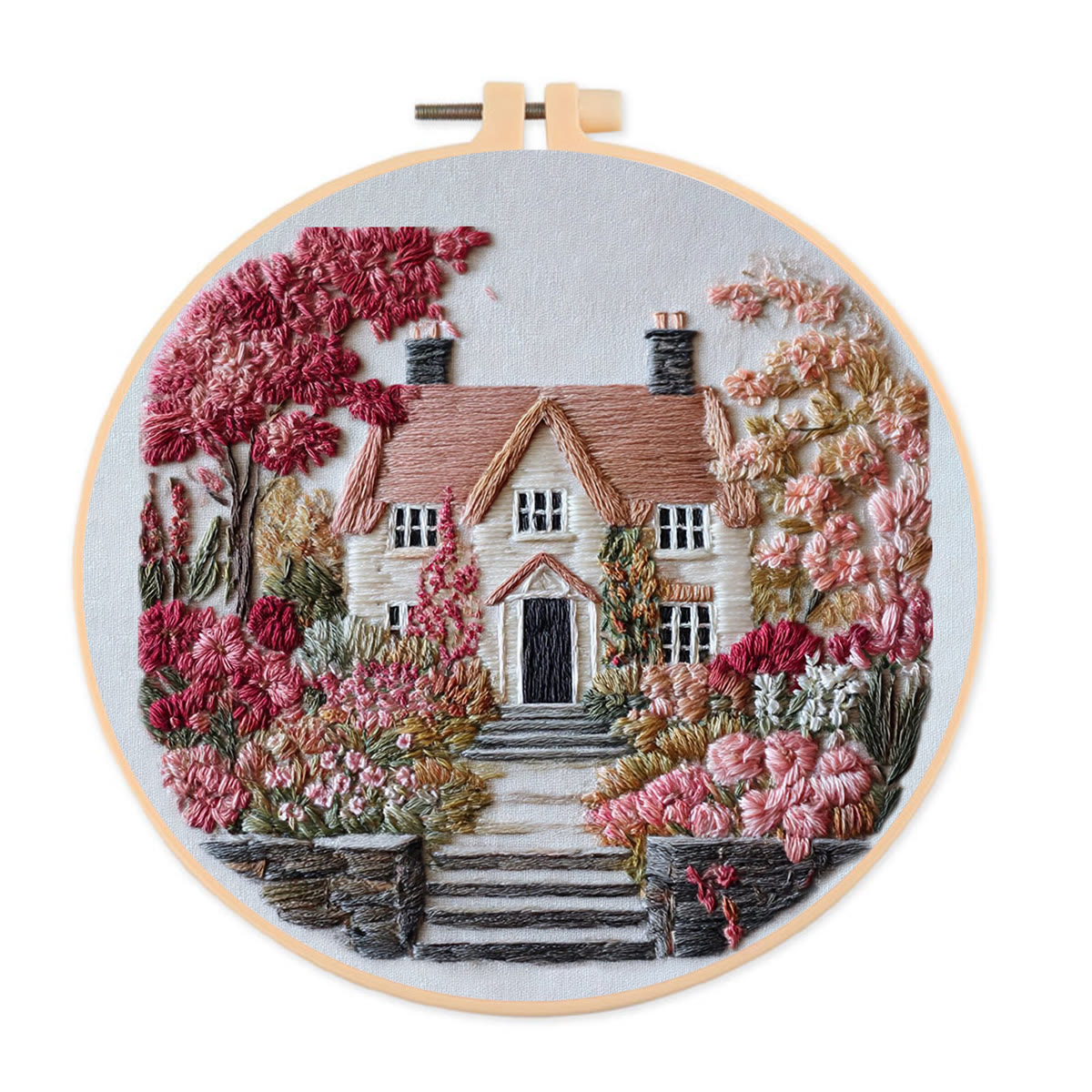 Rubbyoo Embroidery Kit - Autumn Floral Cottage | Relaxing Craft Activity | Inviting Home Touch - 20*20cm - image 1