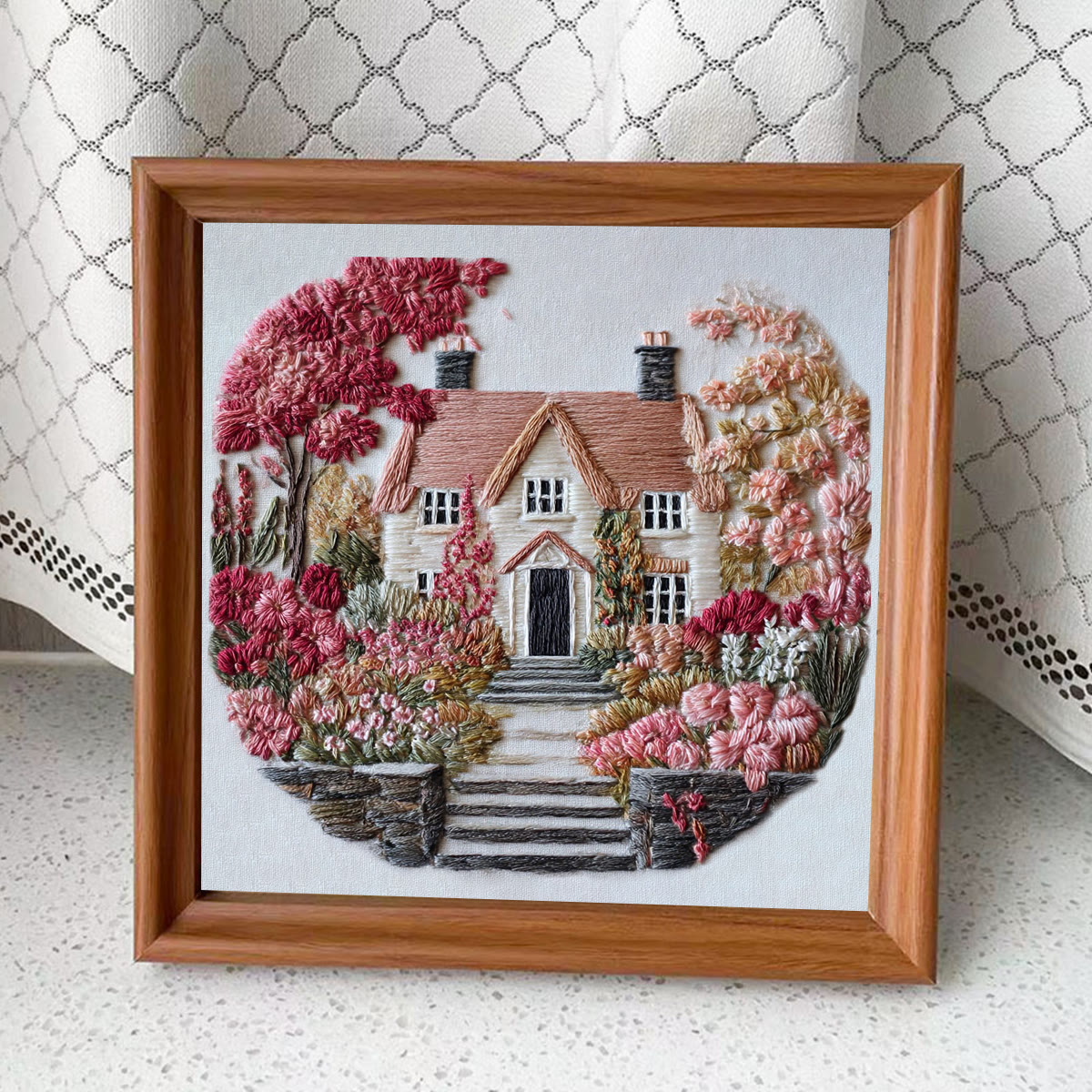 Rubbyoo Embroidery Kit - Autumn Floral Cottage | Relaxing Craft Activity | Inviting Home Touch - Embroidery Kit Plus An Extra Frame - image 4