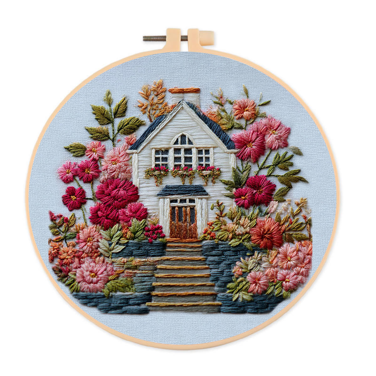 Rubbyoo Embroidery Kit - Floral Surrounded Cottage | Entry Level Diy | Warm Home Accent - 20*20cm - image 1