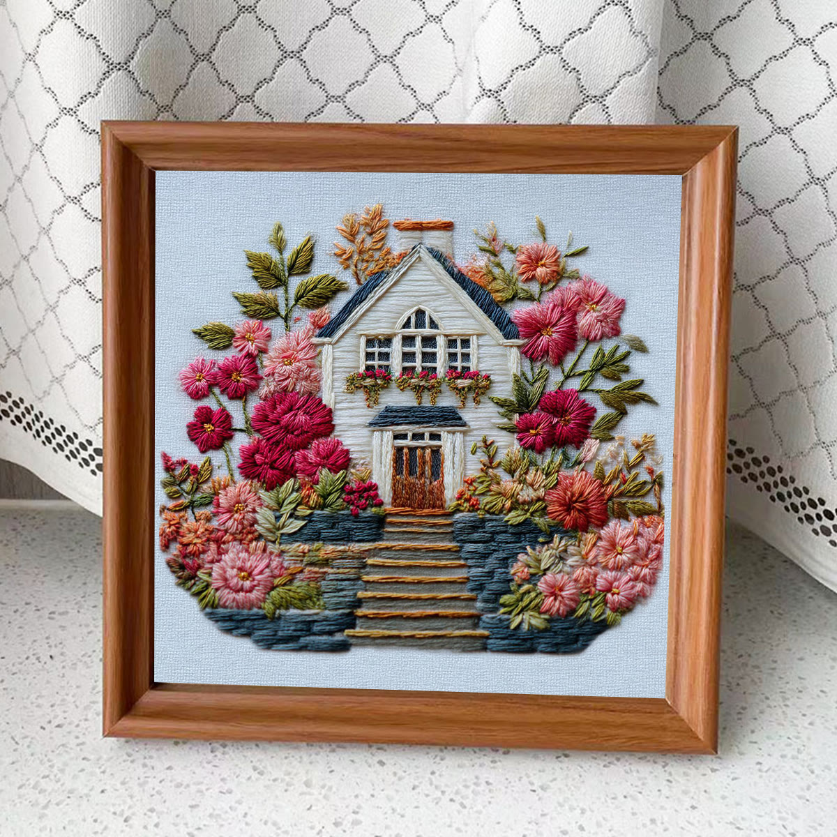 Rubbyoo Embroidery Kit - Floral Surrounded Cottage | Entry Level Diy | Warm Home Accent - Embroidery Kit Plus An Extra Frame - image 4