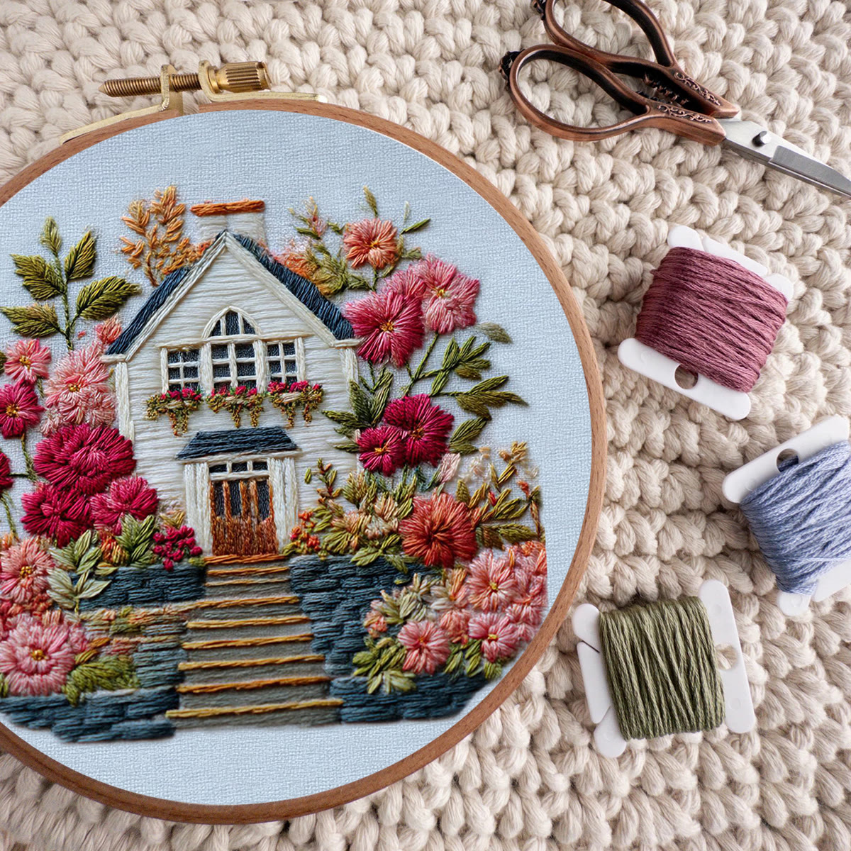 Rubbyoo Embroidery Kit - Floral Surrounded Cottage | Entry Level Diy | Warm Home Accent - image 11
