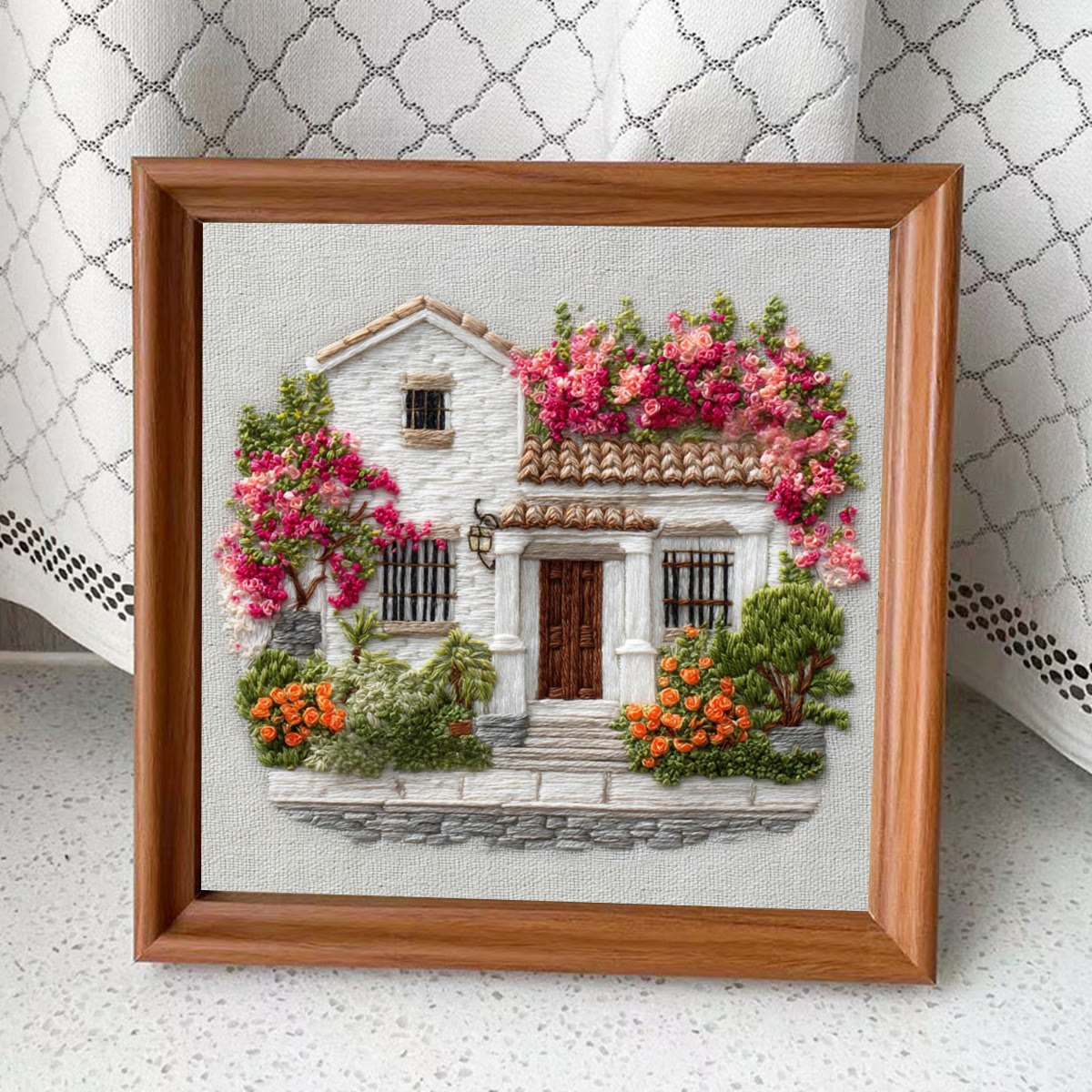 Rubbyoo Embroidery Kit - Bougainvillea Covered Villa | Calming Handwork | Warmhearted Present - Embroidery Kit Plus An Extra Frame - image 4