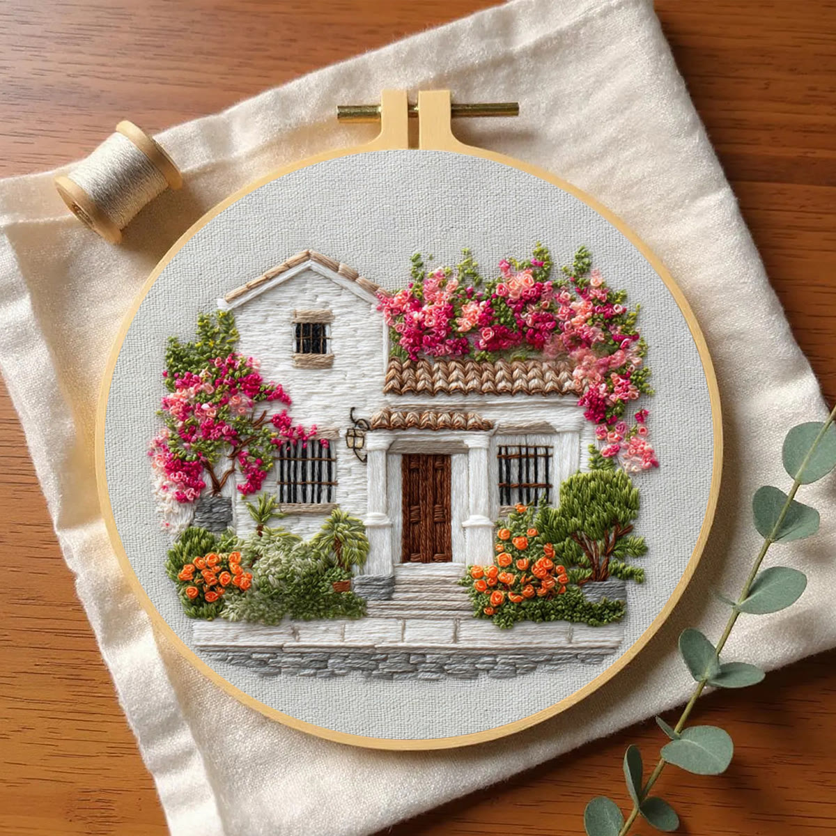 Rubbyoo Embroidery Kit - Bougainvillea Covered Villa | Calming Handwork | Warmhearted Present - image 5