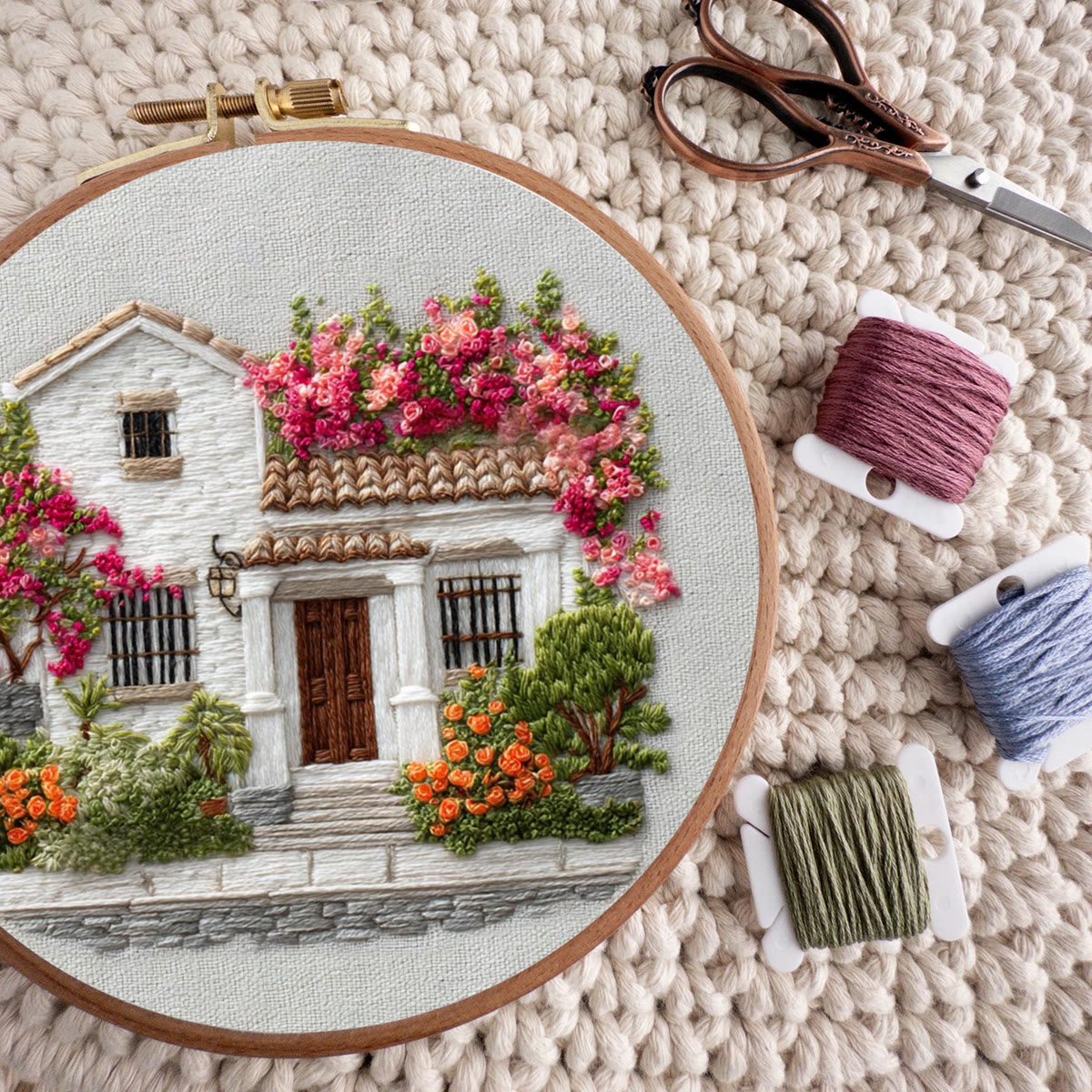Rubbyoo Embroidery Kit - Bougainvillea Covered Villa | Calming Handwork | Warmhearted Present - image 10