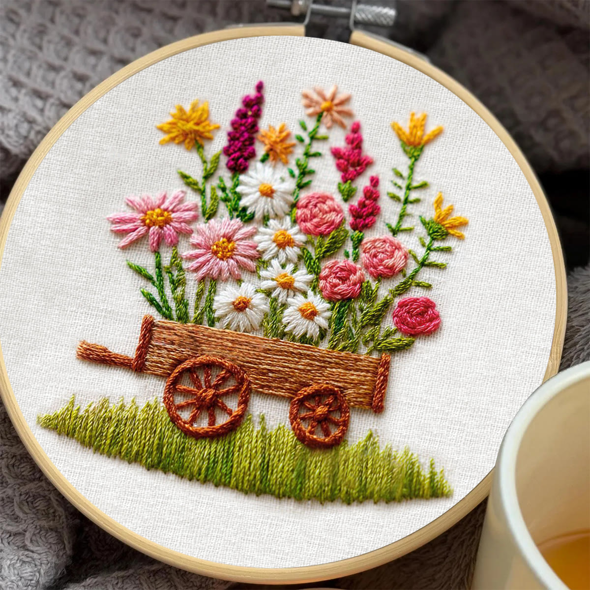 Rubbyoo Embroidery Kit - Wildflower Filled Cart | Creative Pastime | Charming Home Accent - image 8