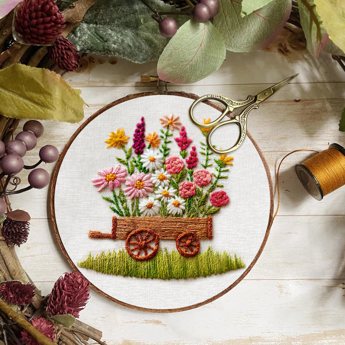 Rubbyoo Embroidery Kit - Wildflower Filled Cart | Creative Pastime | Charming Home Accent - image 7