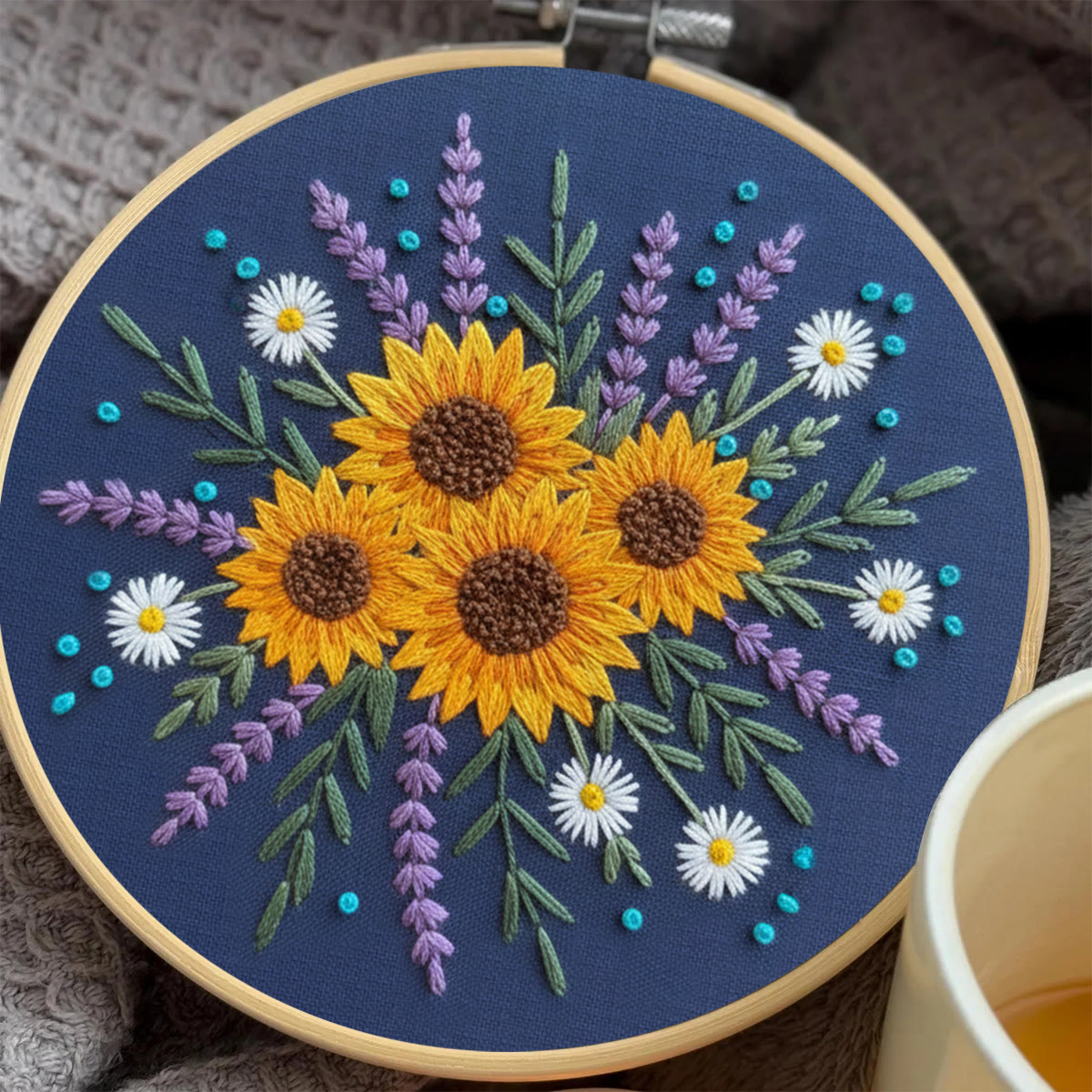 Rubbyoo Embroidery Kit - Sunflower And Lavender Bouquet | Beginner Safe Craft | Cheerful Home Accent - image 3