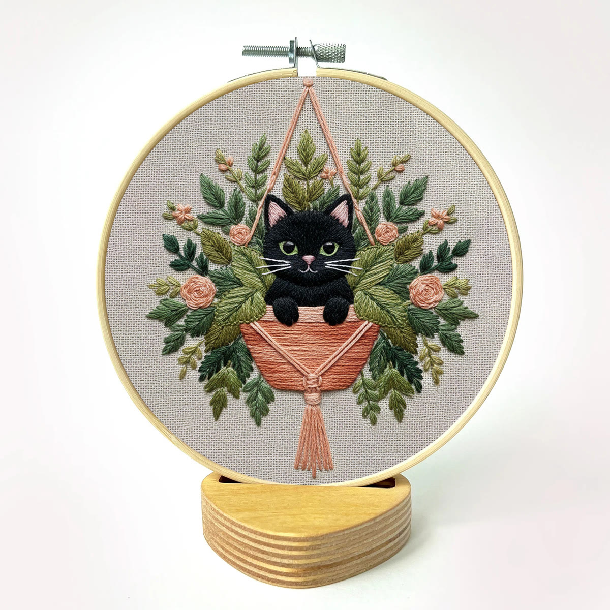 Rubbyoo Embroidery Kit - Black Cat In Hanging Planter | Therapeutic Craft | Whimsical Gift Idea - image 2